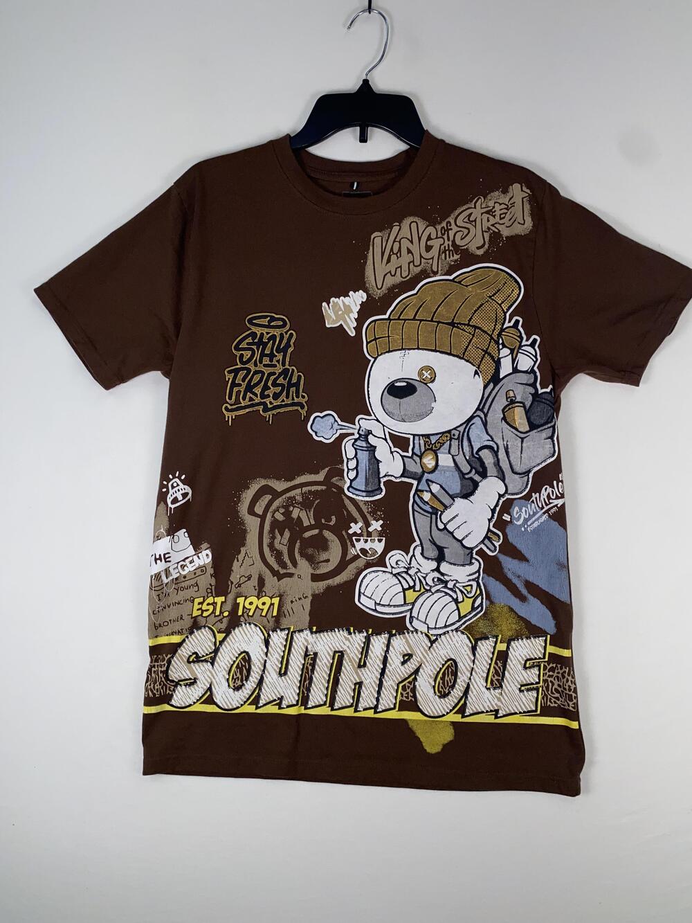 Southpole Shirt Mens Medium Brown Graffiti Bear Graphic Tee T-Shirt Streetwear